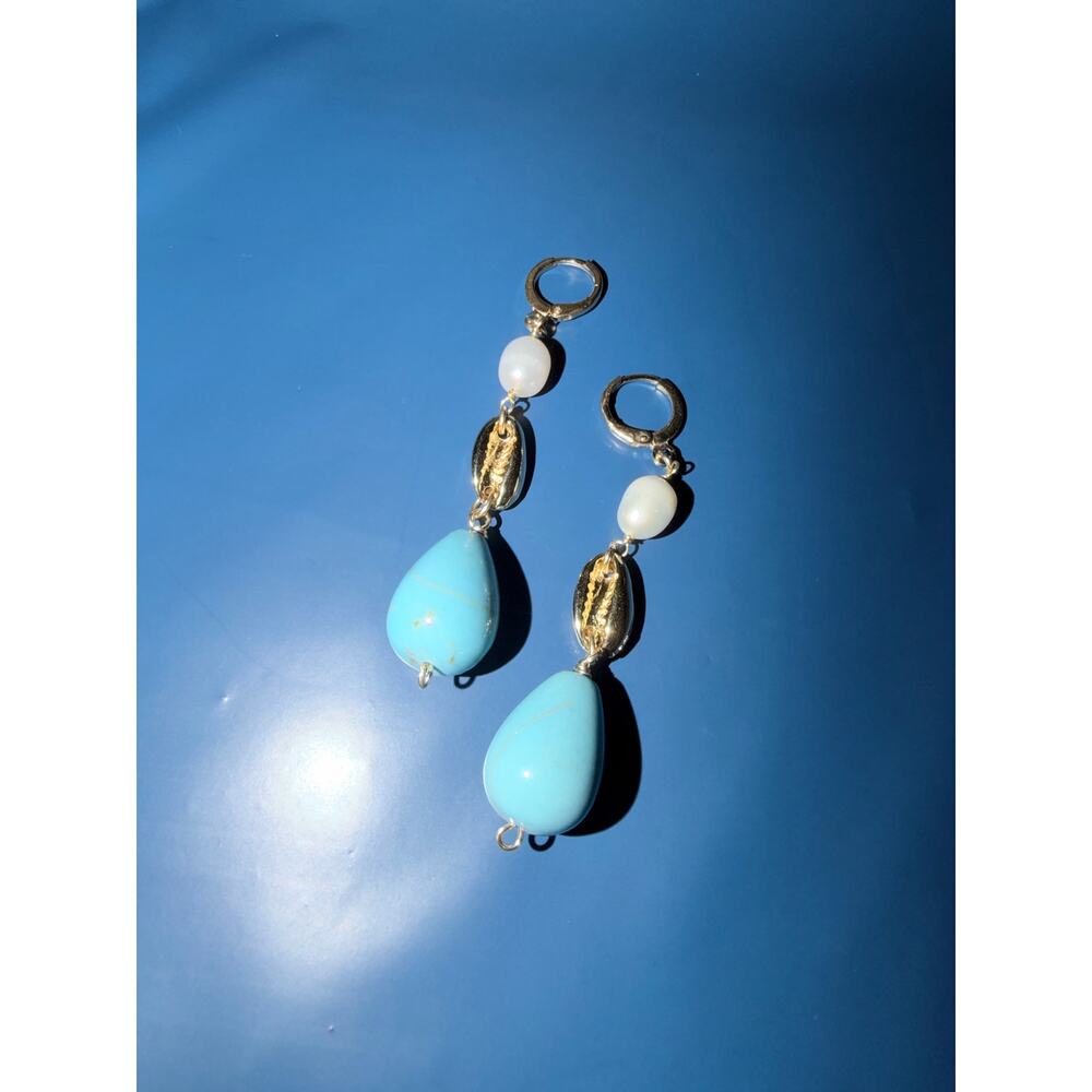 Mayamar 24K Gold Plated and Turquoise Drop Earrings with Cultured Pearl - Picture 2 of 4